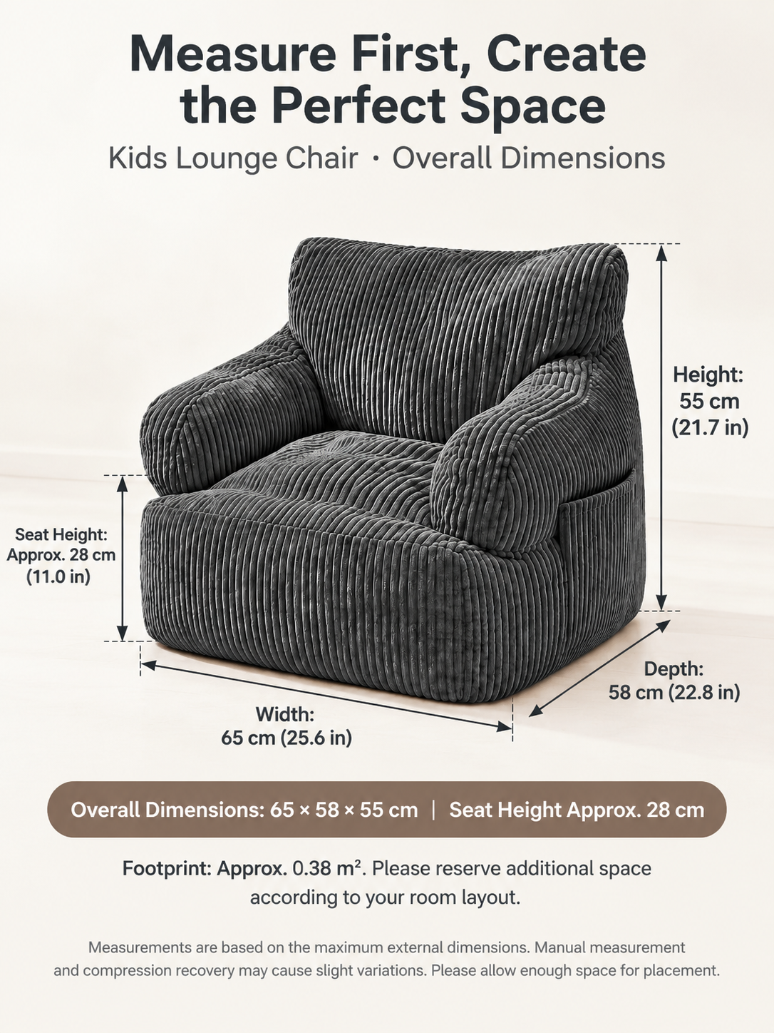 Kids Single Sofa Chair with Corduroy Fabric and Storage Pocket, Cozy Bean Bag Lounger for Children Bedroom and Home Reading Nook (Green)