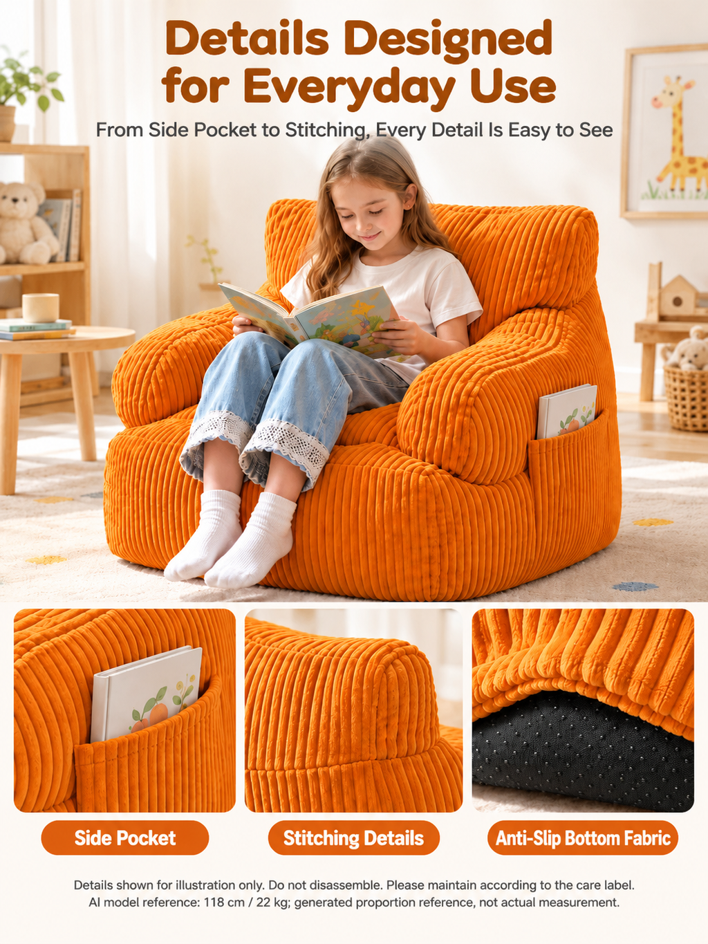 Kids Single Sofa Chair with Corduroy Fabric and Storage Pocket, Cozy Bean Bag Lounger for Children Bedroom and Home Reading Nook (Green)