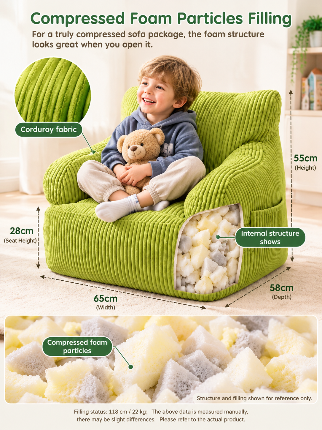 Kids Single Sofa Chair with Corduroy Fabric and Storage Pocket, Cozy Bean Bag Lounger for Children Bedroom and Home Reading Nook (Green)