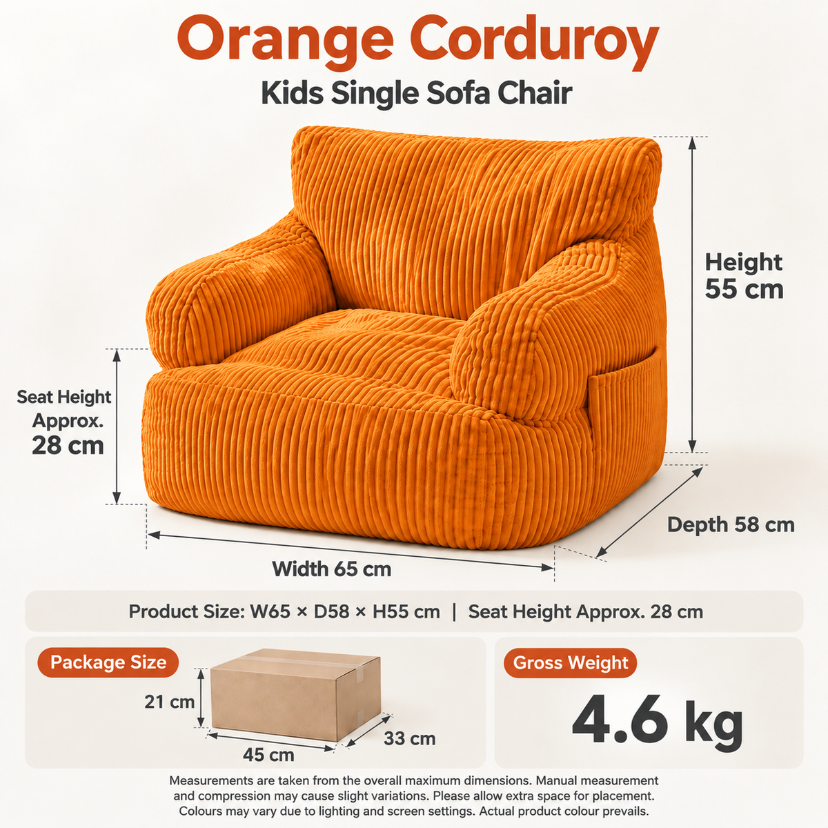 Kids Single Sofa Chair with Corduroy Fabric and Storage Pocket, Cozy Bean Bag Lounger for Children Bedroom and Home Reading Nook (Green)