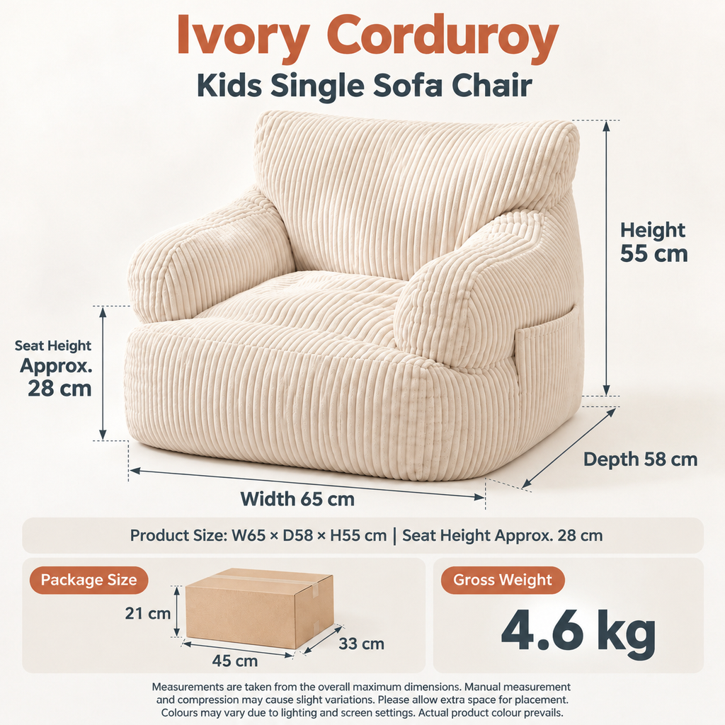 Kids Single Sofa Chair with Corduroy Fabric and Storage Pocket, Cozy Bean Bag Lounger for Children Bedroom and Home Reading Nook (Green)