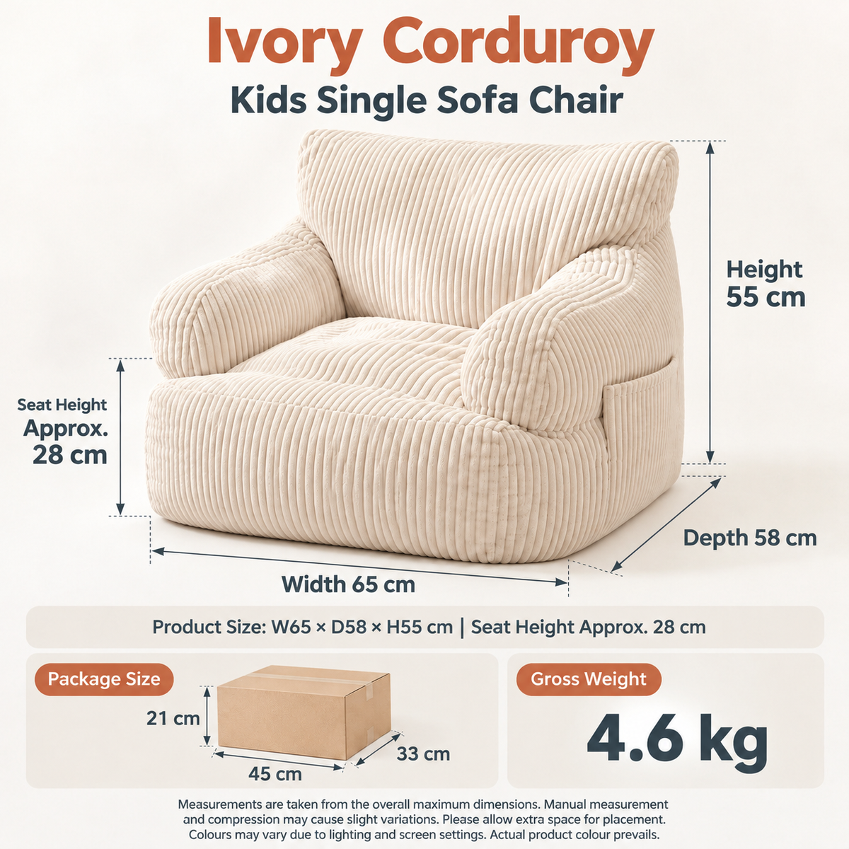 Kids Single Sofa Chair with Corduroy Fabric and Storage Pocket, Cozy Bean Bag Lounger for Children Bedroom and Home Reading Nook (Green)