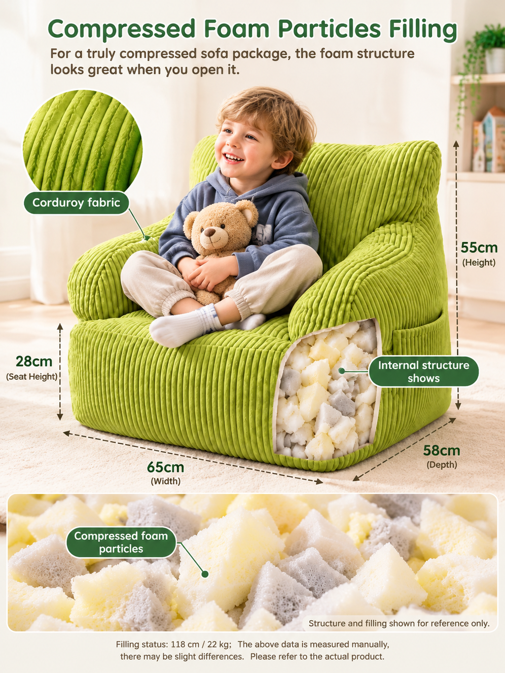 Kids Single Sofa Chair with Corduroy Fabric and Storage Pocket, Cozy Bean Bag Lounger for Children Bedroom and Home Reading Nook (Ivory)