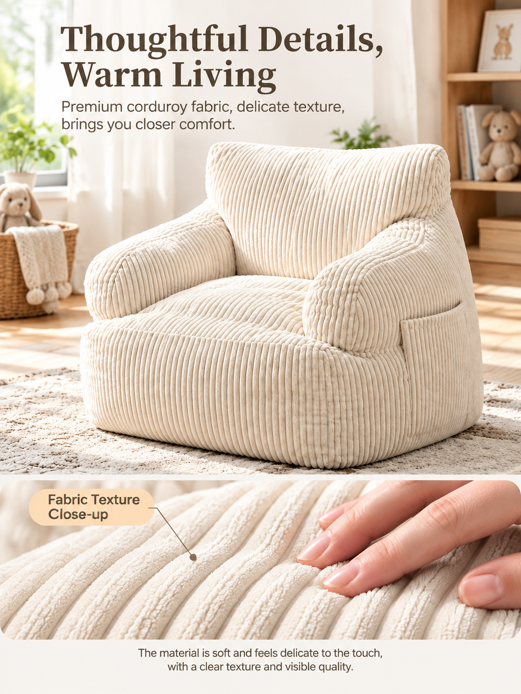 Kids Single Sofa Chair with Corduroy Fabric and Storage Pocket, Cozy Bean Bag Lounger for Children Bedroom and Home Reading Nook (Ivory)