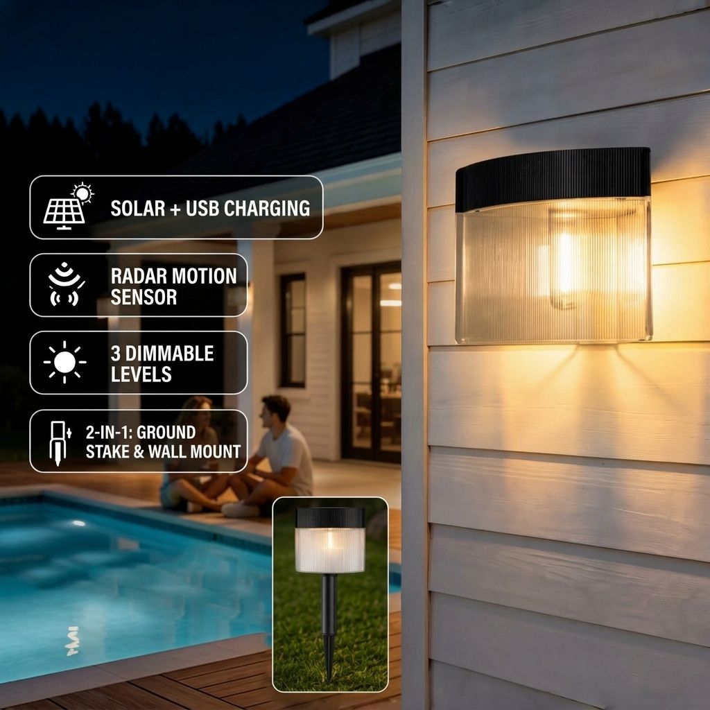 Solar Powered Outdoor Wall Lamp with Radar Motion Sensor, Dual Installation as Wall Mount or Ground Spike, Rechargeable Garden Path Light, Warm White Glow for Patio, Lawn, and Entryway Illumination (Warm Light, 2PCS)