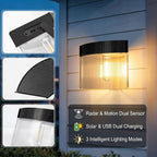 Solar Powered Outdoor Wall Lamp with Radar Motion Sensor, Dual Installation as Wall Mount or Ground Spike, Rechargeable Garden Path Light, Warm White Glow for Patio, Lawn, and Entryway Illumination (Warm Light, 2PCS)