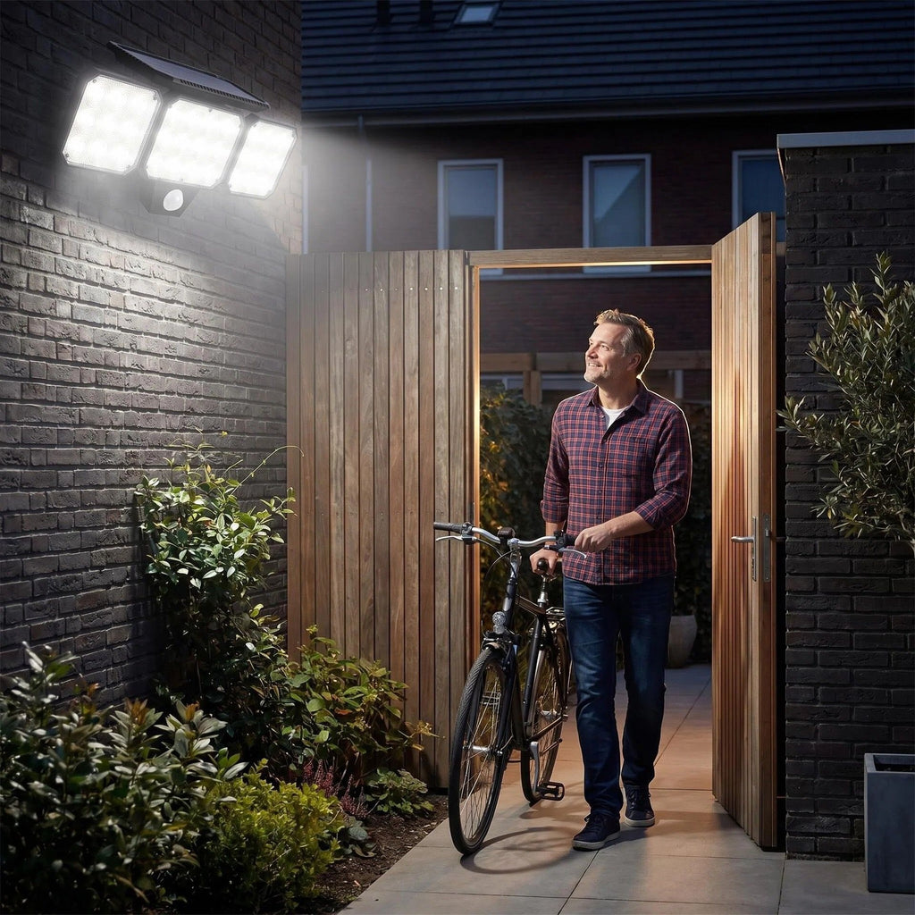 120-LED Solar Motion Sensor Outdoor Wall Light, 3 Adjustable Heads with 270° Coverage, 800 Lumens Super Bright, 3 Modes Security Lighting for Garage, Yard, Pathway and Fence (1PCS)