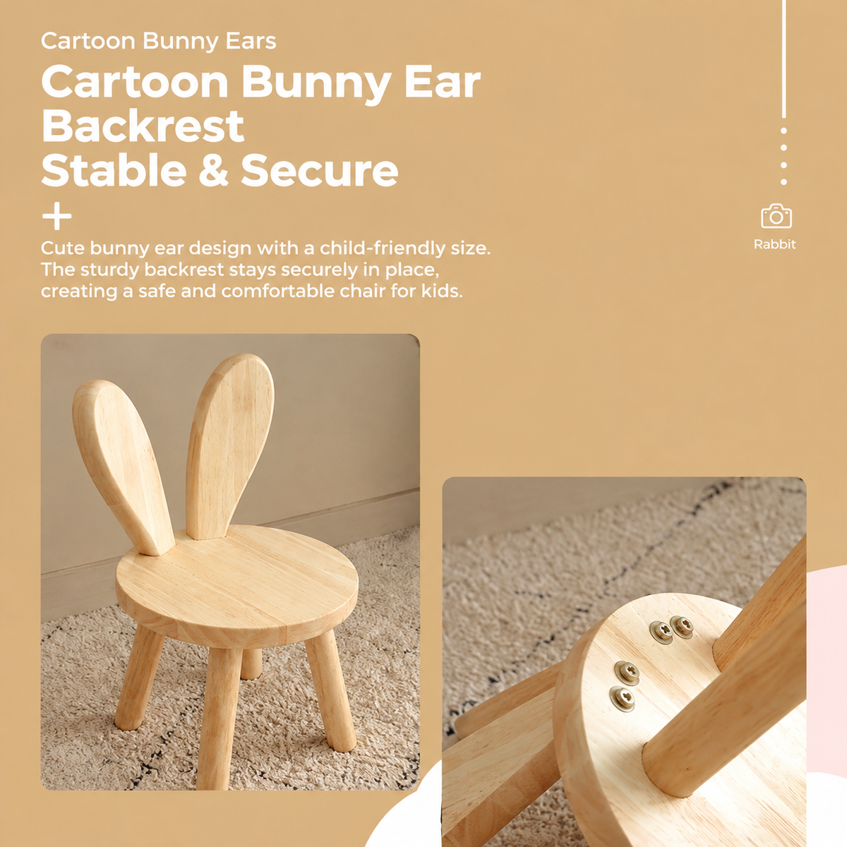 Cute Bunny Ear Solid Wood Stool for Kids, Natural Finish Children's Chair for Living Room Playroom Bedroom, Decorative Nursery Furniture (Natural)