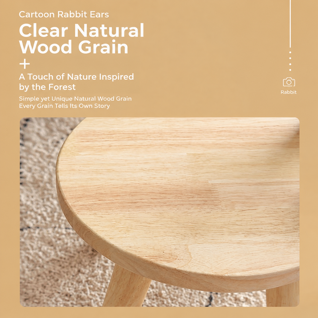 Cute Bunny Ear Solid Wood Stool for Kids, Natural Finish Children's Chair for Living Room Playroom Bedroom, Decorative Nursery Furniture (Natural)