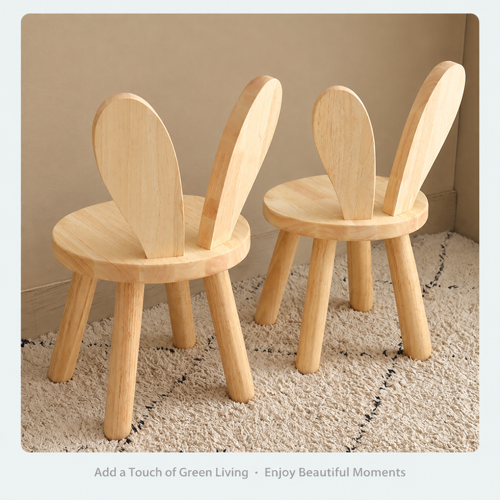 Cute Bunny Ear Solid Wood Stool for Kids, Natural Finish Children's Chair for Living Room Playroom Bedroom, Decorative Nursery Furniture (Natural)