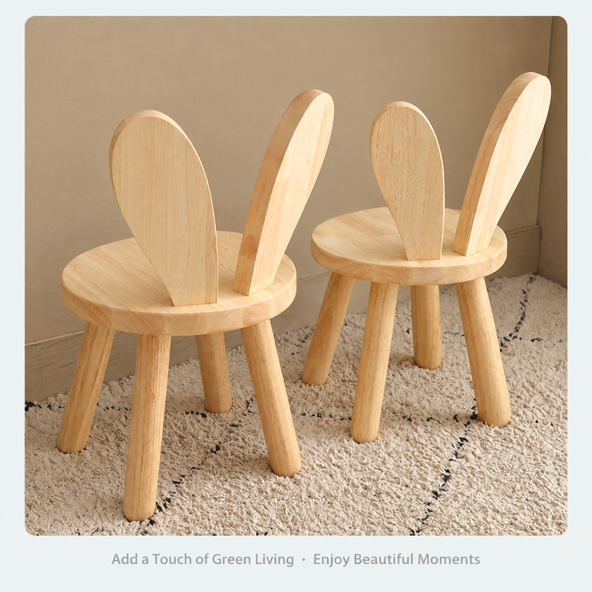 Cute Bunny Ear Solid Wood Stool for Kids, Natural Finish Children's Chair for Living Room Playroom Bedroom, Decorative Nursery Furniture (Natural)