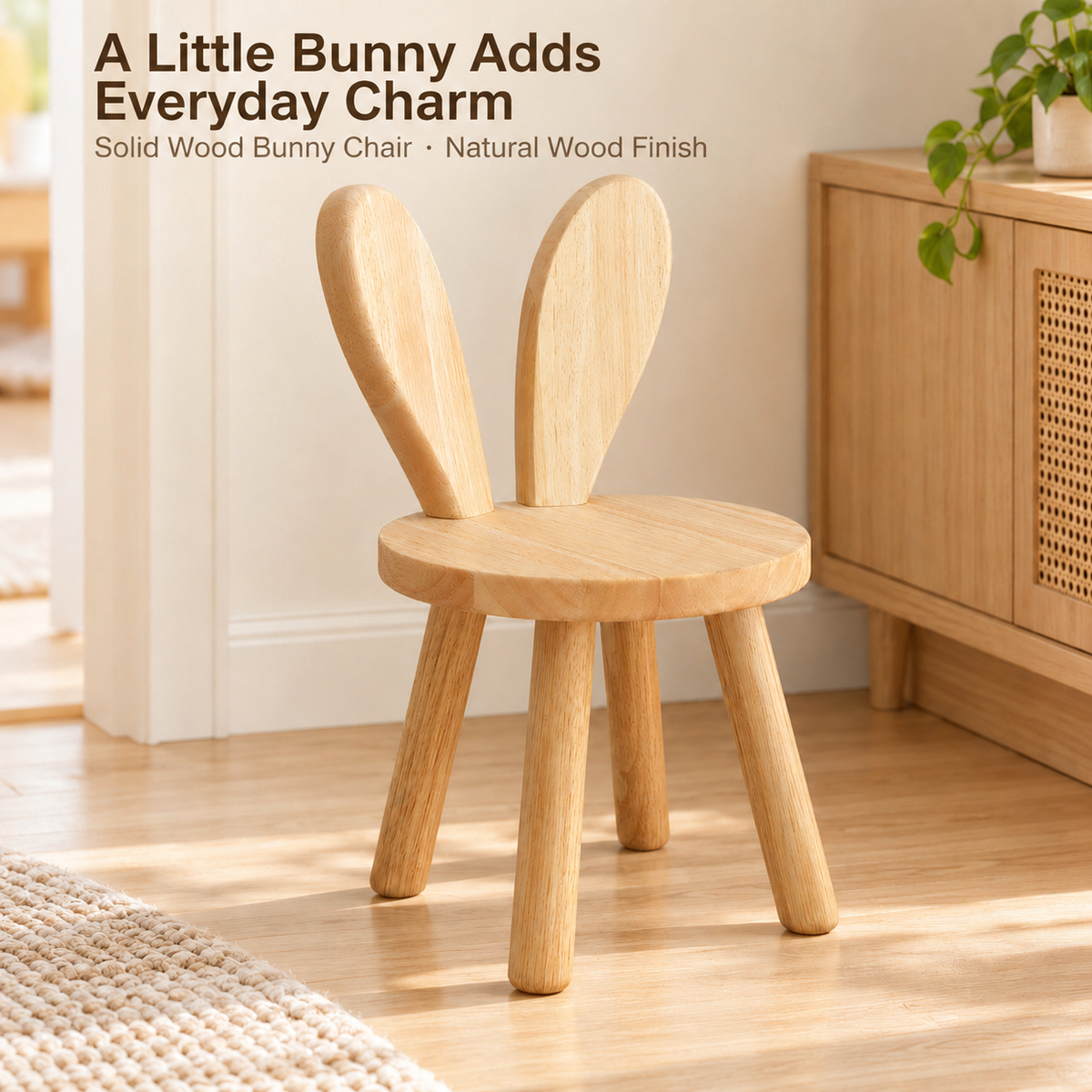 Cute Bunny Ear Solid Wood Stool for Kids, Natural Finish Children's Chair for Living Room Playroom Bedroom, Decorative Nursery Furniture (Natural)