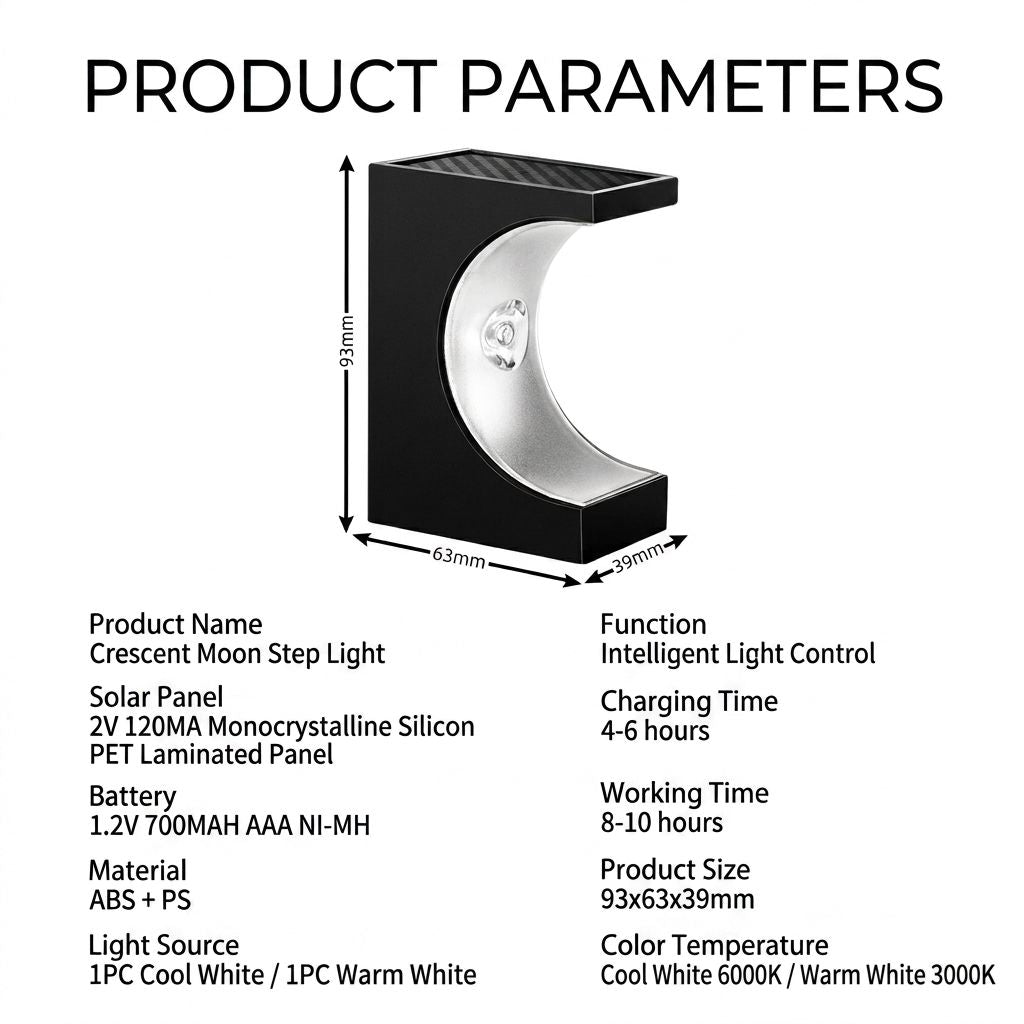 Solar Crescent Moon Step Light with Monocrystalline Silicon Panel, ABS & PS Construction, IP65 Waterproof, 3000K Warm White or 6000K Cool White Options for Outdoor Garden Paths, Driveways, and Wooden Deck Stairs (6PCS, Cool White Light)