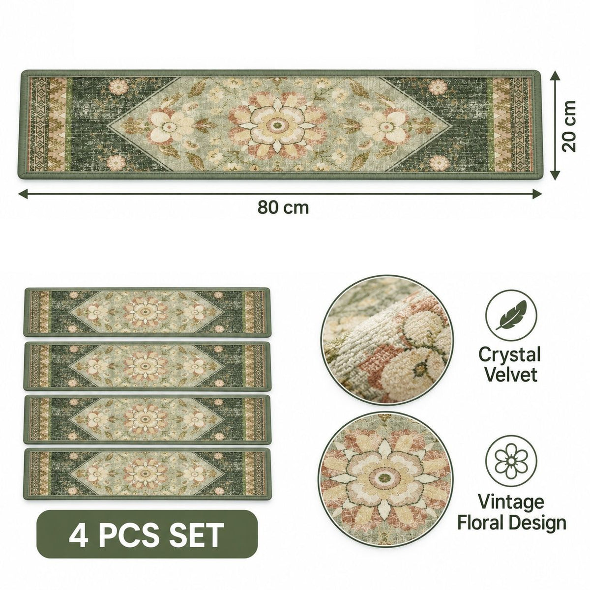 4Pcs 20 x 80cm Vintage Persian Stair Tread Rugs Crystal Velvet Non Slip Step Mats for Stairs