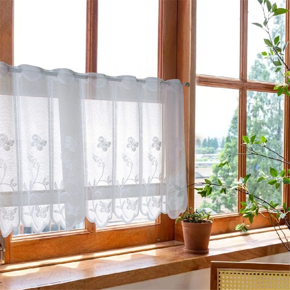 2 Pcs Rod Pocket polyester Curtain White Mesh Window Kitchen Embroidery Floral Voile Curtain forKitchen Cafe Dinning Bath Room, 130*45cm（Only curtains）