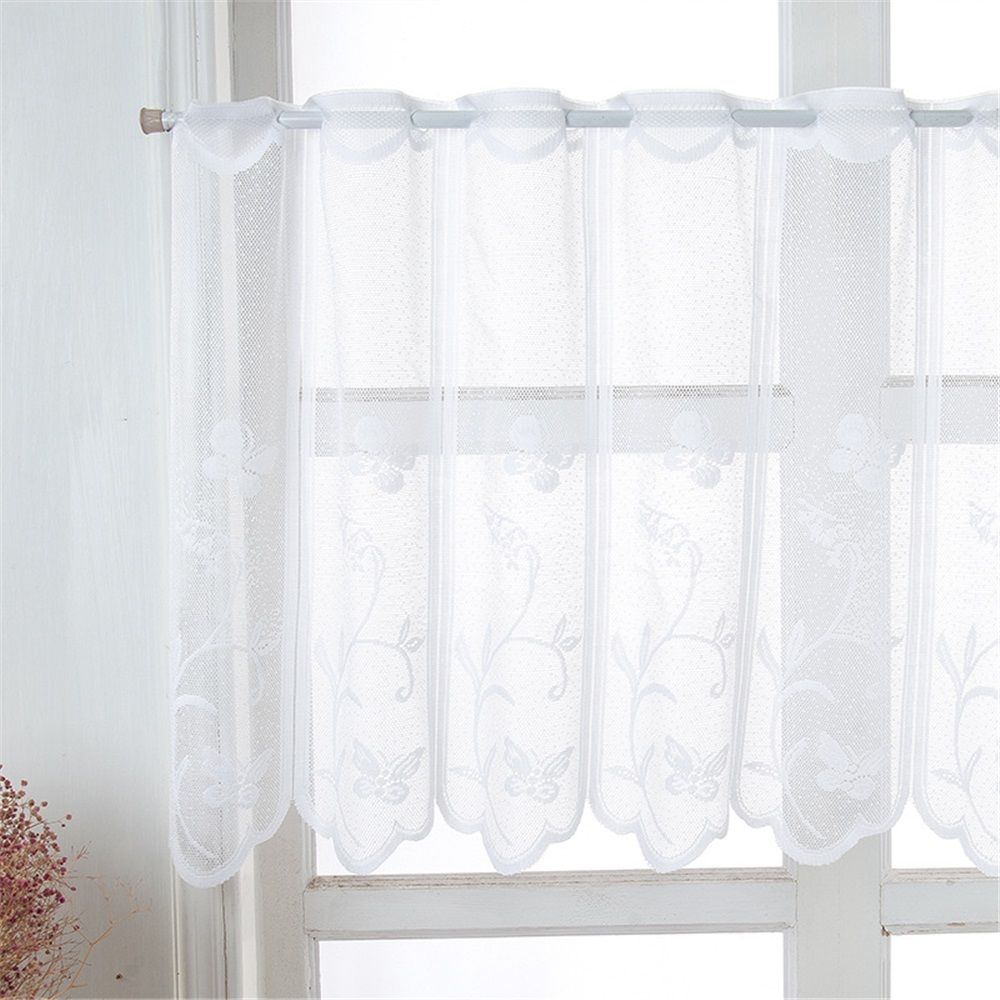2 Pcs Rod Pocket polyester Curtain White Mesh Window Kitchen Embroidery Floral Voile Curtain forKitchen Cafe Dinning Bath Room, 130*45cm（Only curtains）