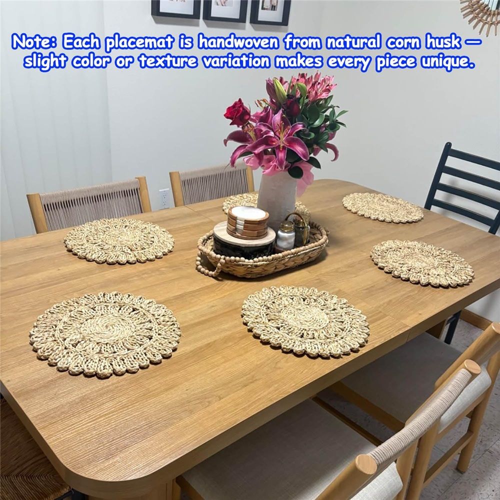 12" Set of 4 Round Corn Husk Placemats | Boho Woven Rattan Table Mats | for Wedding, Party, Christmas, Events