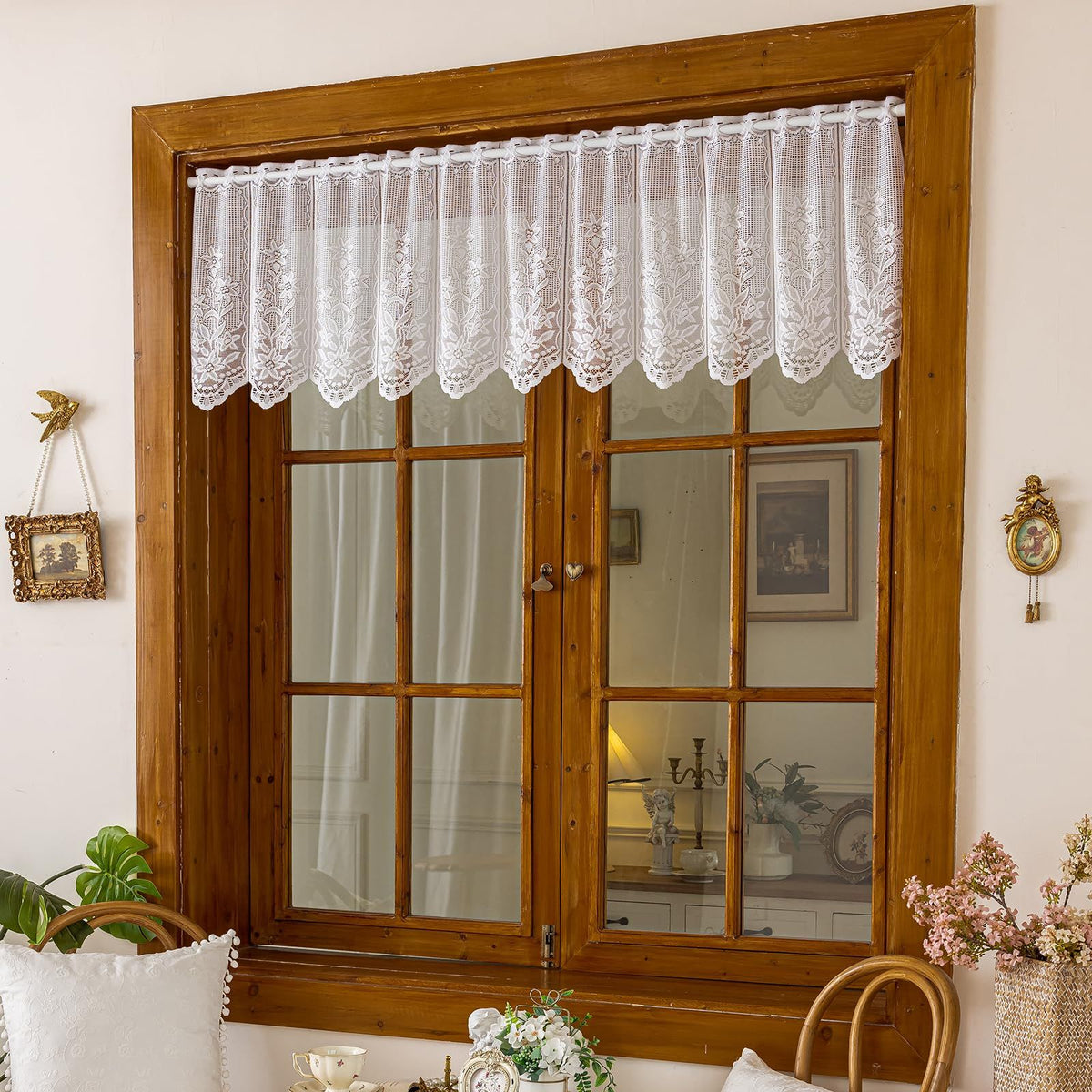 Home Designs Single White Kitchen, Flower Lace Kitchen Curtain for Floral Decor, Semi Sheer Scalloped Floral Embroidered Over Sink Cafe Curtain, Window Short Small Drapes (Only curtains,51x18 in)