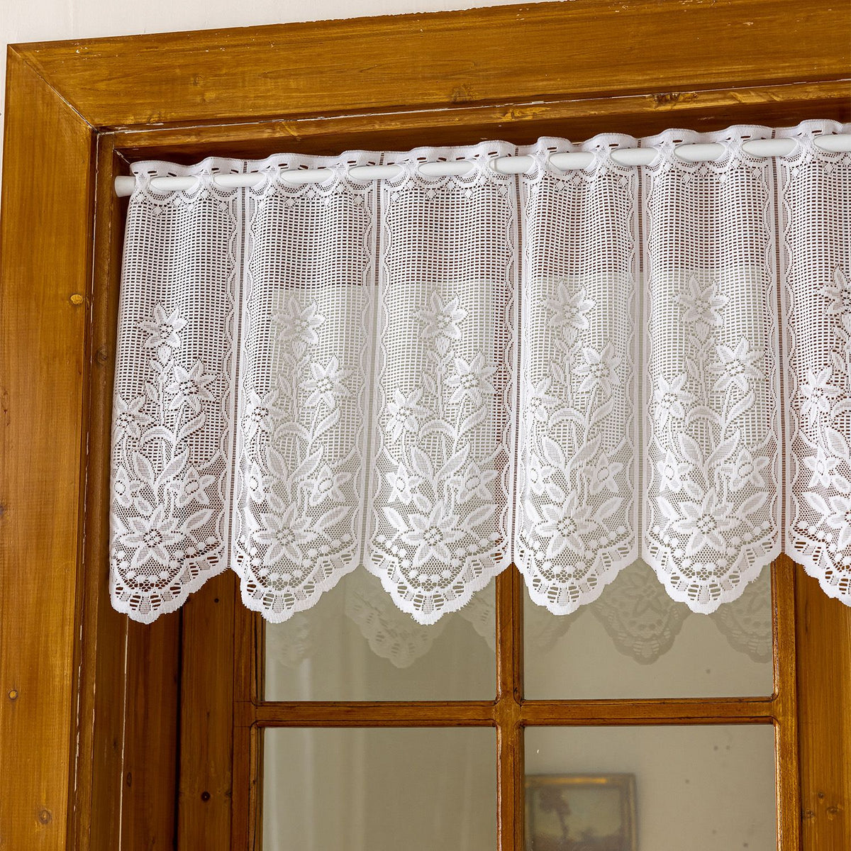 Home Designs Single White Kitchen, Flower Lace Kitchen Curtain for Floral Decor, Semi Sheer Scalloped Floral Embroidered Over Sink Cafe Curtain, Window Short Small Drapes (Only curtains,51x18 in)