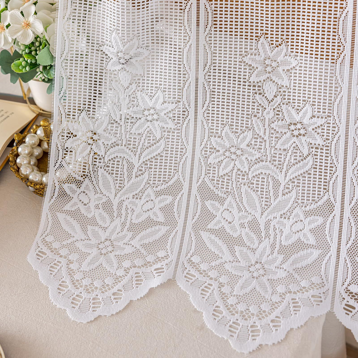 Home Designs Single White Kitchen, Flower Lace Kitchen Curtain for Floral Decor, Semi Sheer Scalloped Floral Embroidered Over Sink Cafe Curtain, Window Short Small Drapes (Only curtains,51x18 in)