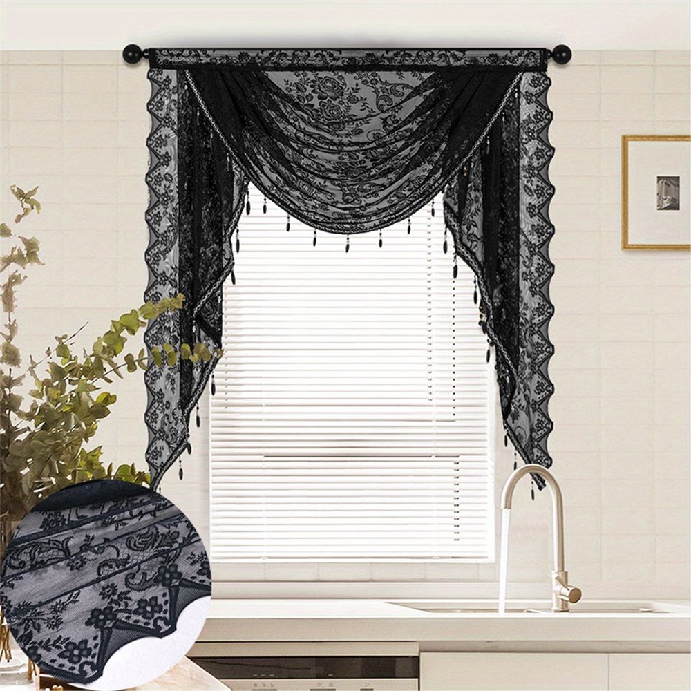 Lace Beaded Waterfall Valances for Windows Floral Vintage Sheer Kitchen Window Curtains Over Sink Curtain Valance for Living Room Bedroom Bathroom Cafe (Black,1m)