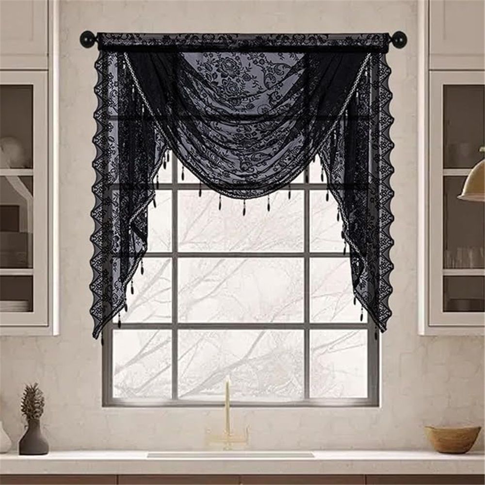 Lace Beaded Waterfall Valances for Windows Floral Vintage Sheer Kitchen Window Curtains Over Sink Curtain Valance for Living Room Bedroom Bathroom Cafe (Black,1m)