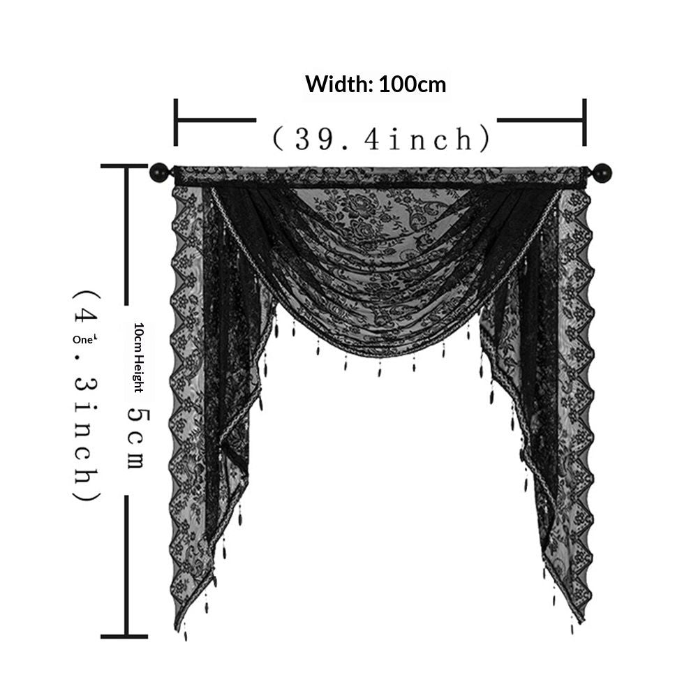 Lace Beaded Waterfall Valances for Windows Floral Vintage Sheer Kitchen Window Curtains Over Sink Curtain Valance for Living Room Bedroom Bathroom Cafe (Black,1m)
