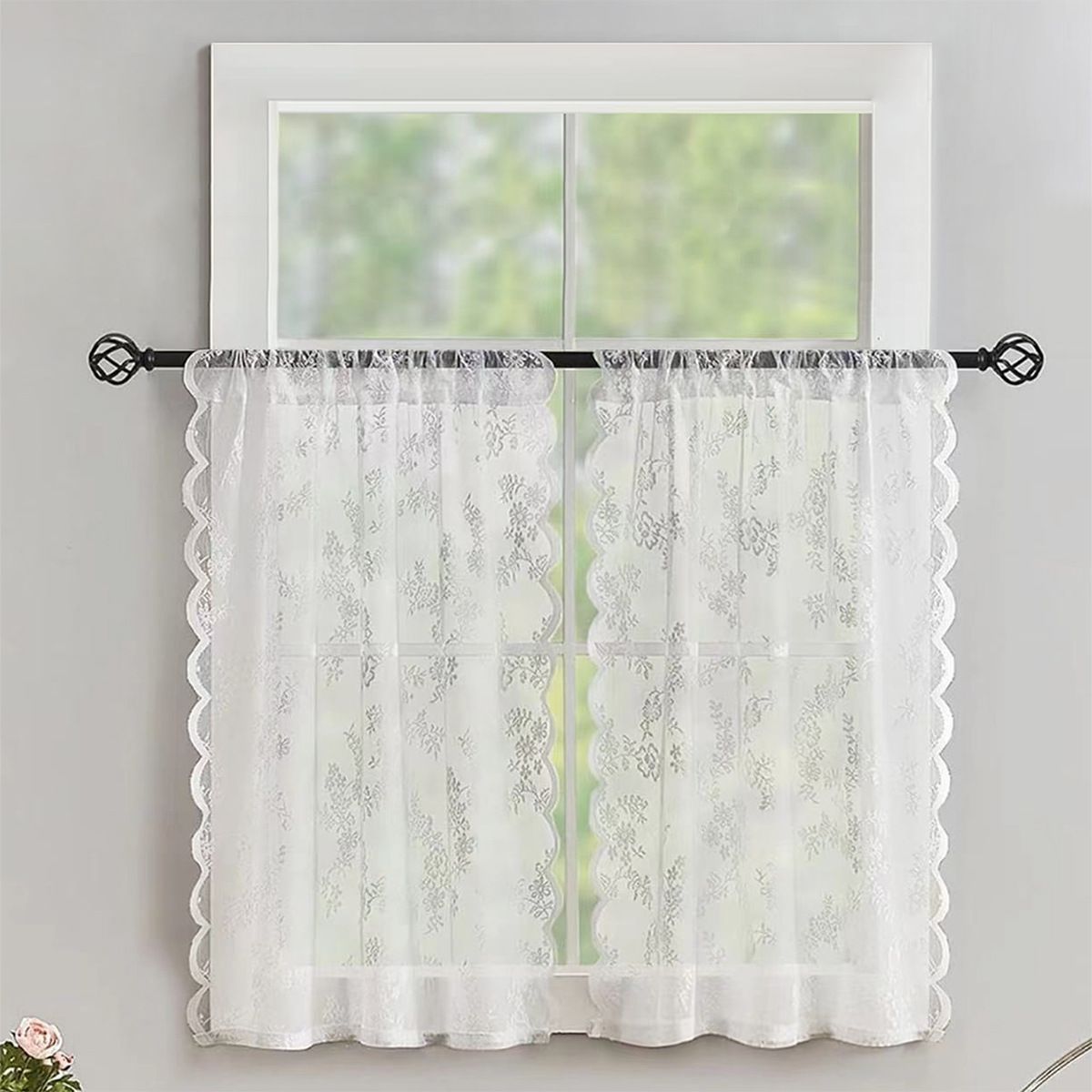 Vintage Lace Kitchen Curtains  2 Panels, Romantic Semi Sheer Floral Over Sink Lacy Cafe Curtain, Elegant Window Short Small Drapes, 75*60cm, Pure White
