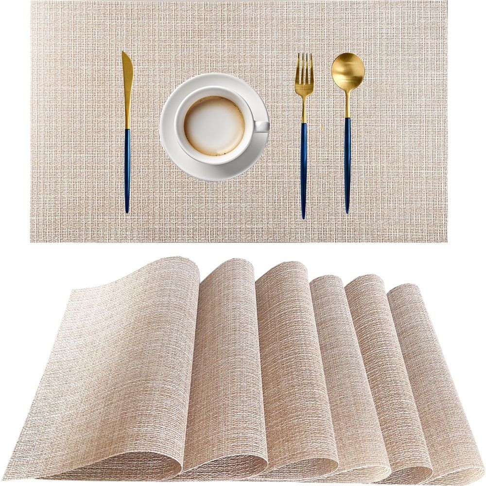 Beige Placemats Set of 6 Vinyl PVC Durable Place Mats for Dining Table,Heat Resistant Non-Slip Woven Tabel Mats (18x12 inches, Beige)，Only table mats