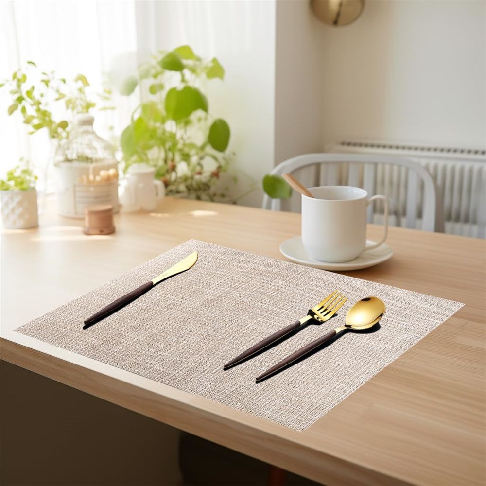 Beige Placemats Set of 6 Vinyl PVC Durable Place Mats for Dining Table,Heat Resistant Non-Slip Woven Tabel Mats (18x12 inches, Beige)，Only table mats