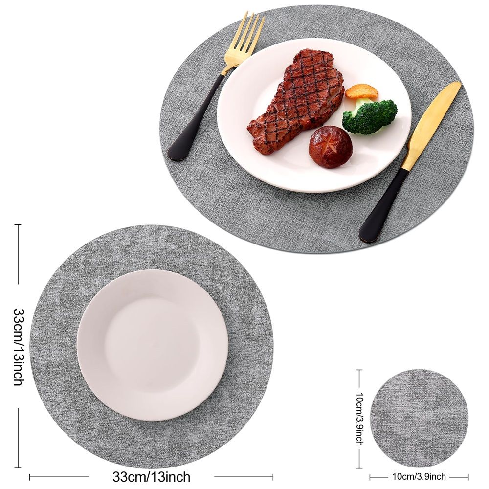 Round Faux Leather Placemats, Washable Dual-Side Table Mats, Wipeable Heat-Resistant Dining Place Mats for Outdoor and Indoor, Set of 6, Diameter 13 inch, Light Grey，Only placemats are available