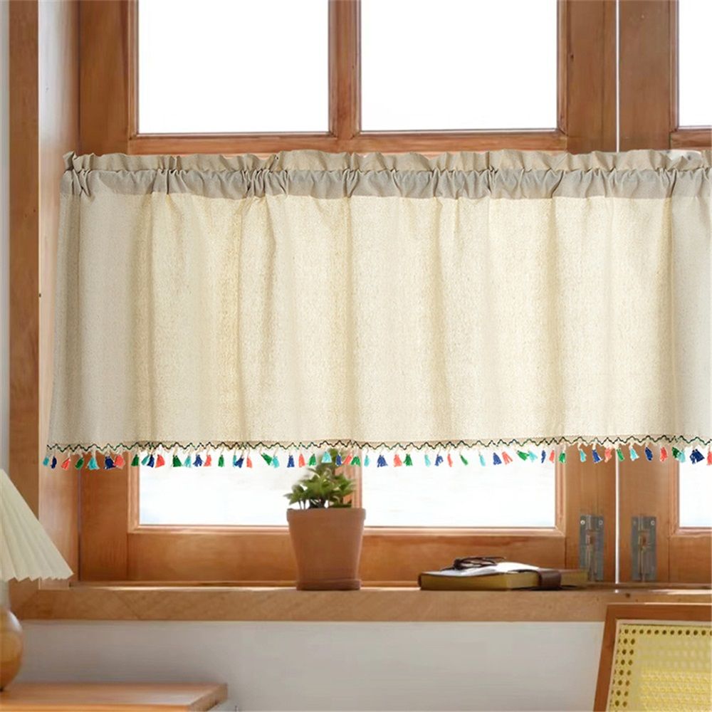 Bohemian farmhouse kitchen curtains, living room/bedroom countryside curtains, modern countryside cotton and linen tassel top windows（132*46cm）