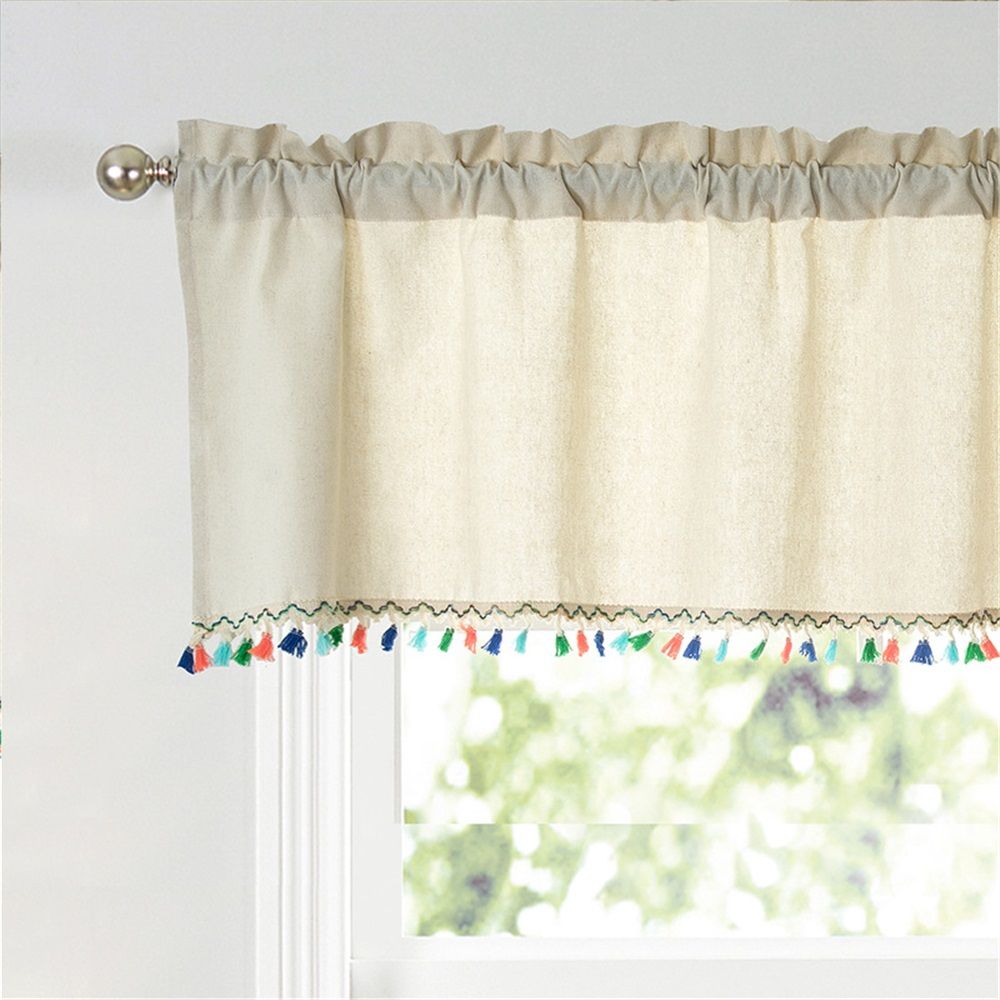 Bohemian farmhouse kitchen curtains, living room/bedroom countryside curtains, modern countryside cotton and linen tassel top windows（132*46cm）