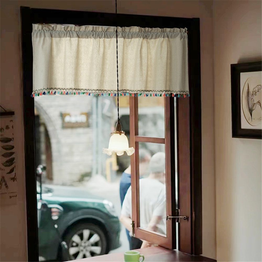 Bohemian farmhouse kitchen curtains, living room/bedroom countryside curtains, modern countryside cotton and linen tassel top windows（132*46cm）