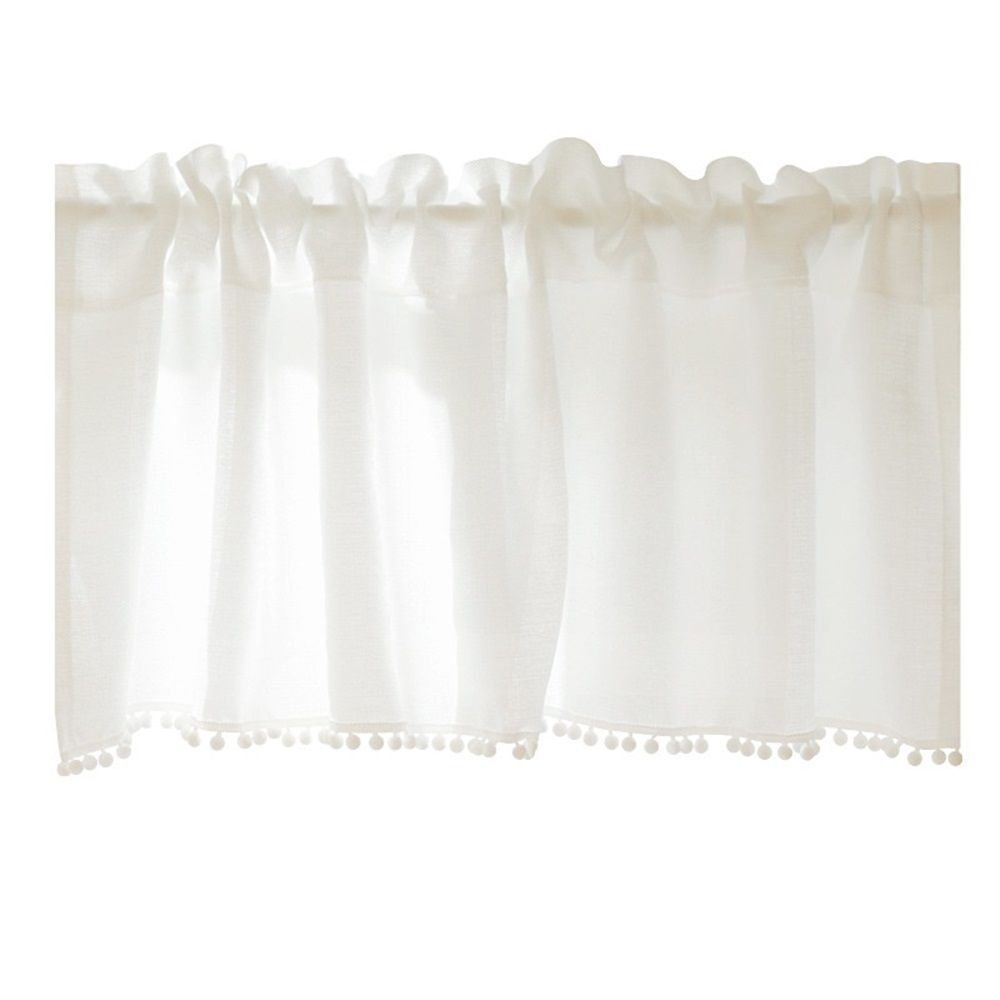 White Boho Tassel Valance for Cafe Kitchen Decor, Bohemian Farmhouse polyester Linen Short Curtains Country Window Treatments Tier Panel, 150*40cm