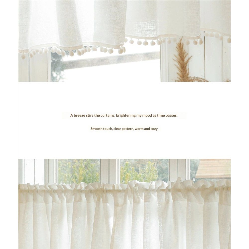 White Boho Tassel Valance for Cafe Kitchen Decor, Bohemian Farmhouse polyester Linen Short Curtains Country Window Treatments Tier Panel, 150*40cm