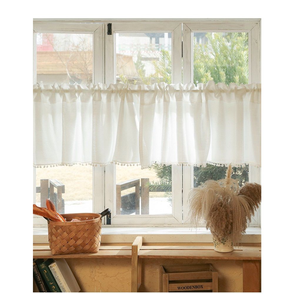 White Boho Tassel Valance for Cafe Kitchen Decor, Bohemian Farmhouse polyester Linen Short Curtains Country Window Treatments Tier Panel, 150*40cm
