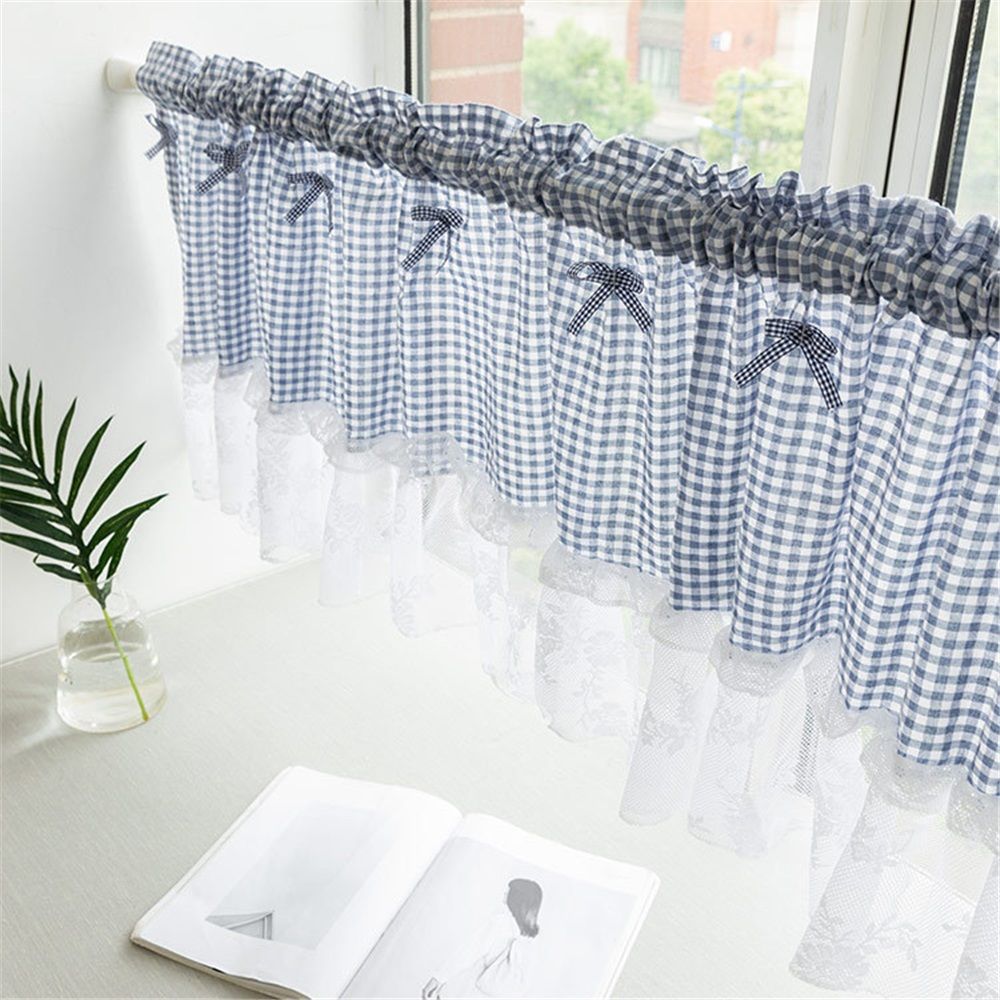 Curtain Lace Buffalo Check Plaid Patchwork, Short Window Curtain with Knots for Country Kitchen Cafe, Rod Pocket 1 Panel, 42" W x18 L, Blue
