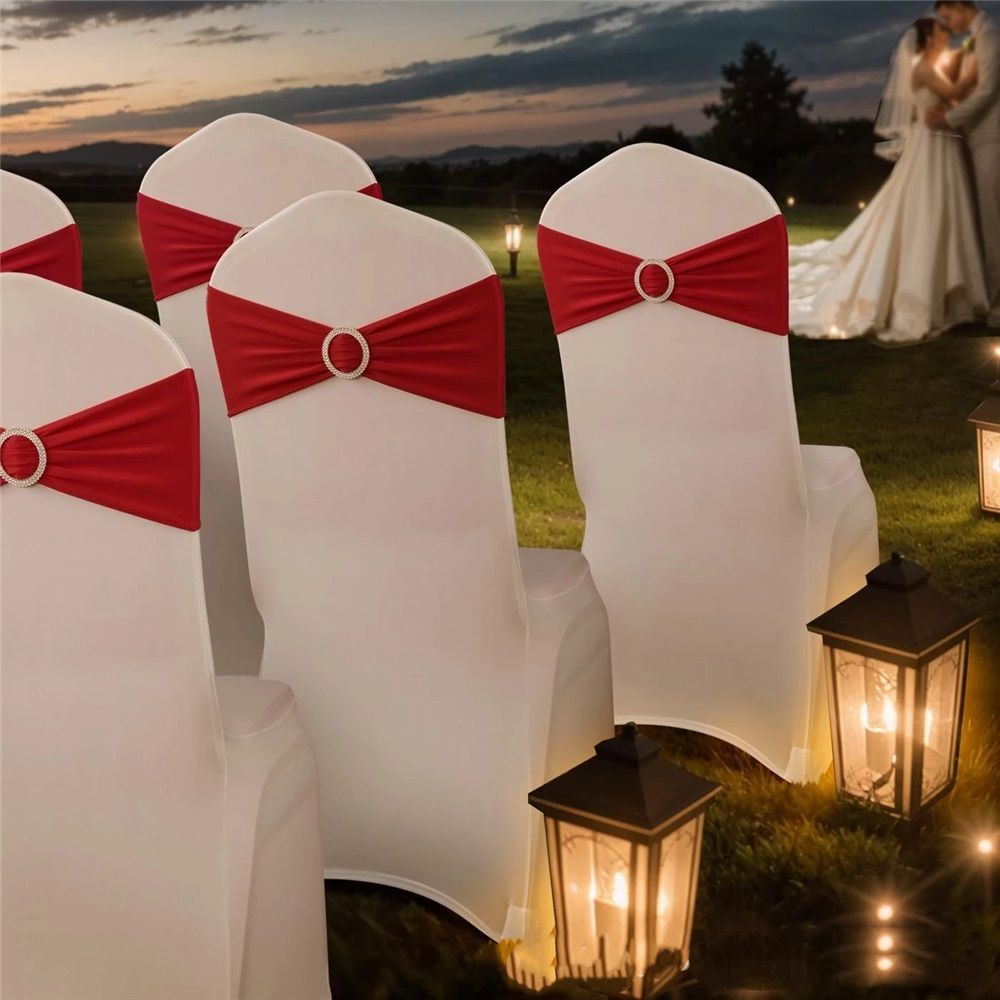 Pack of 10 polyester Chair Sashes Bow Premium Stretch Chair Cover Band with Buckle Slider Universal fits Elastic Dining Chair Ties for Wedding Party Banquet Events Decoration - Red