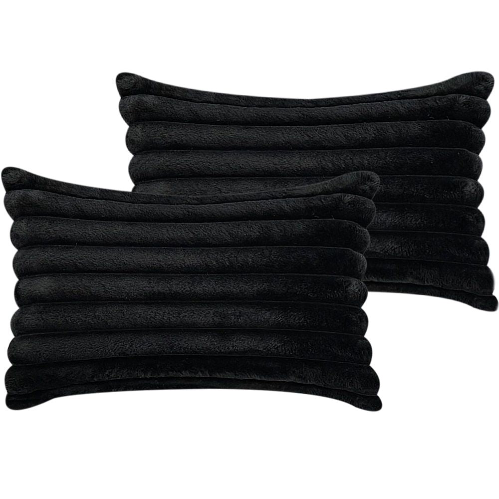 Fur Plush Lumbar Throw Pillow Covers 12x20 Set of 2, Luxury Soft Fluffy Striped Decorative Pillow Covers for Sofa, Couch, Living Room, Black（Only pillow cover）
