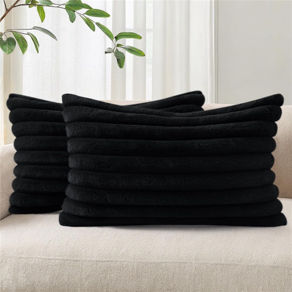 Fur Plush Lumbar Throw Pillow Covers 12x20 Set of 2, Luxury Soft Fluffy Striped Decorative Pillow Covers for Sofa, Couch, Living Room, Black（Only pillow cover）