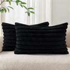 Fur Plush Lumbar Throw Pillow Covers 12x20 Set of 2, Luxury Soft Fluffy Striped Decorative Pillow Covers for Sofa, Couch, Living Room, Black（Only pillow cover）