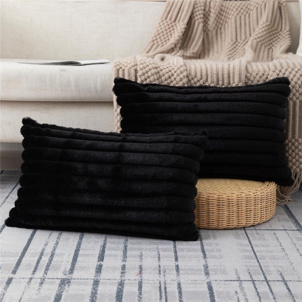 Fur Plush Lumbar Throw Pillow Covers 12x20 Set of 2, Luxury Soft Fluffy Striped Decorative Pillow Covers for Sofa, Couch, Living Room, Black（Only pillow cover）