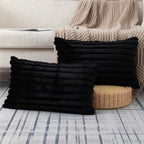 Fur Plush Lumbar Throw Pillow Covers 12x20 Set of 2, Luxury Soft Fluffy Striped Decorative Pillow Covers for Sofa, Couch, Living Room, Black（Only pillow cover）