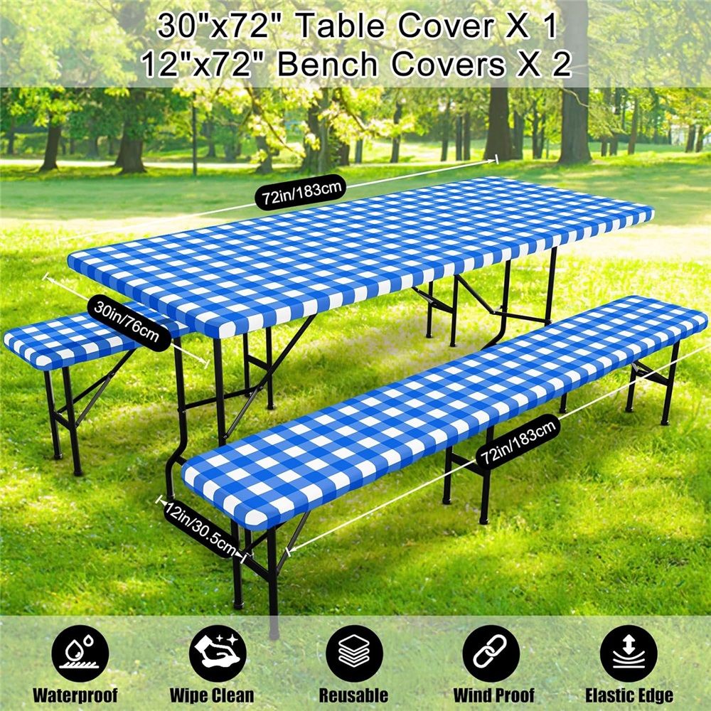 Picnic Table Cover with Bench Covers, Waterproof Elastic Fitted Tablecloths for 6 Foot Rectangle Tables, Washable Buffalo Plaid Tablecloth for Camping, Outdoor (30"x72")，Only Picnic Table Cover