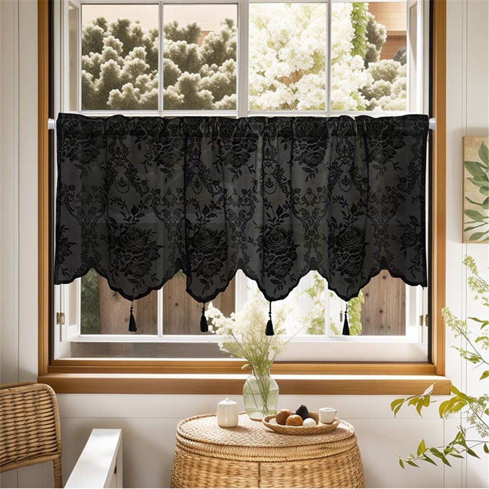 Sheer Embroidered Flowers Leaves Vine Window Treatment Valance Great for Kitchen Bedroom (black, 137*60cm,Only curtains)