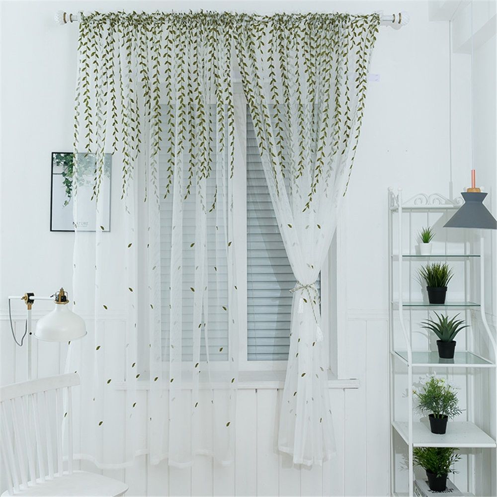2 pack Embroidered Leaf Sheer Bedroom Curtains 98 inches Long, Olive Green Vine Pattern Voile Drapes Window Curtain Panels for Living Room（Only curtains）