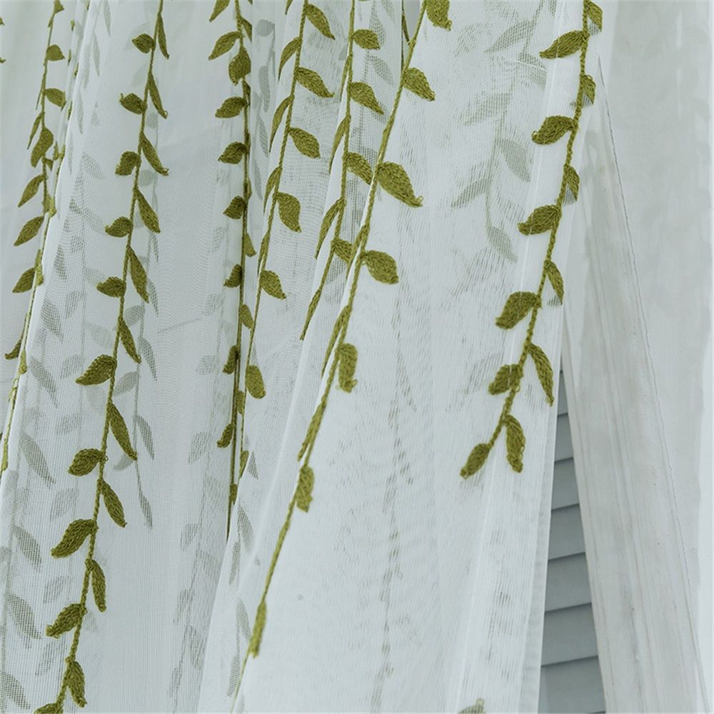 2 pack Embroidered Leaf Sheer Bedroom Curtains 98 inches Long, Olive Green Vine Pattern Voile Drapes Window Curtain Panels for Living Room（Only curtains）