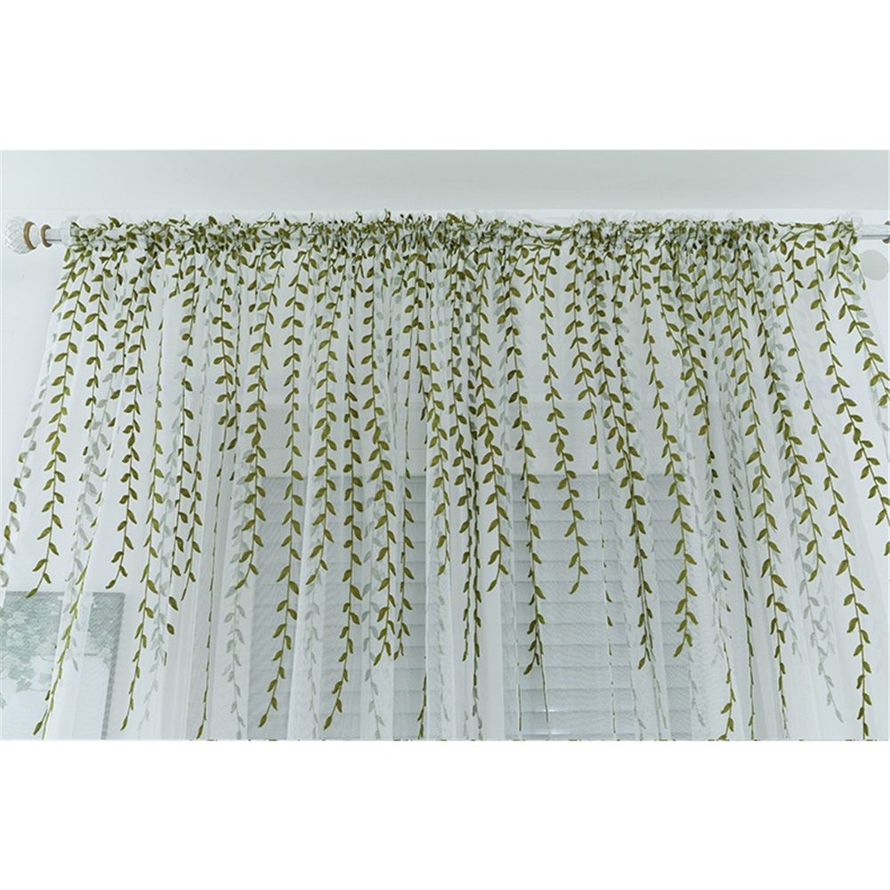 2 pack Embroidered Leaf Sheer Bedroom Curtains 98 inches Long, Olive Green Vine Pattern Voile Drapes Window Curtain Panels for Living Room（Only curtains）