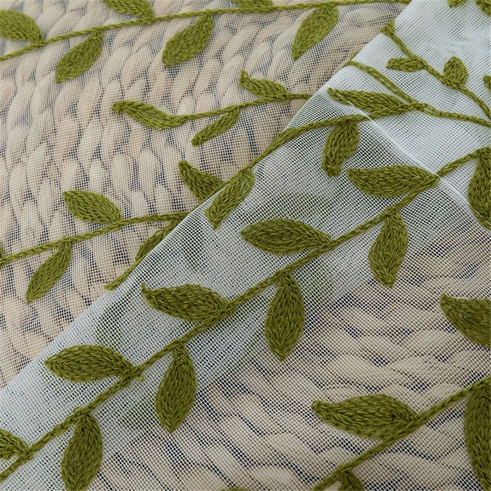 2 pack Embroidered Leaf Sheer Bedroom Curtains 98 inches Long, Olive Green Vine Pattern Voile Drapes Window Curtain Panels for Living Room（Only curtains）